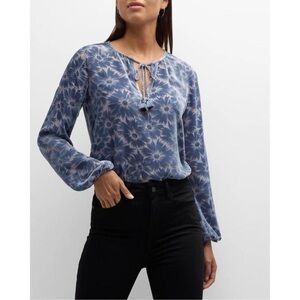 Paige Womens Selmah Floral Velvet Burnout Blue Silk Blend Flowy Blouse Size M